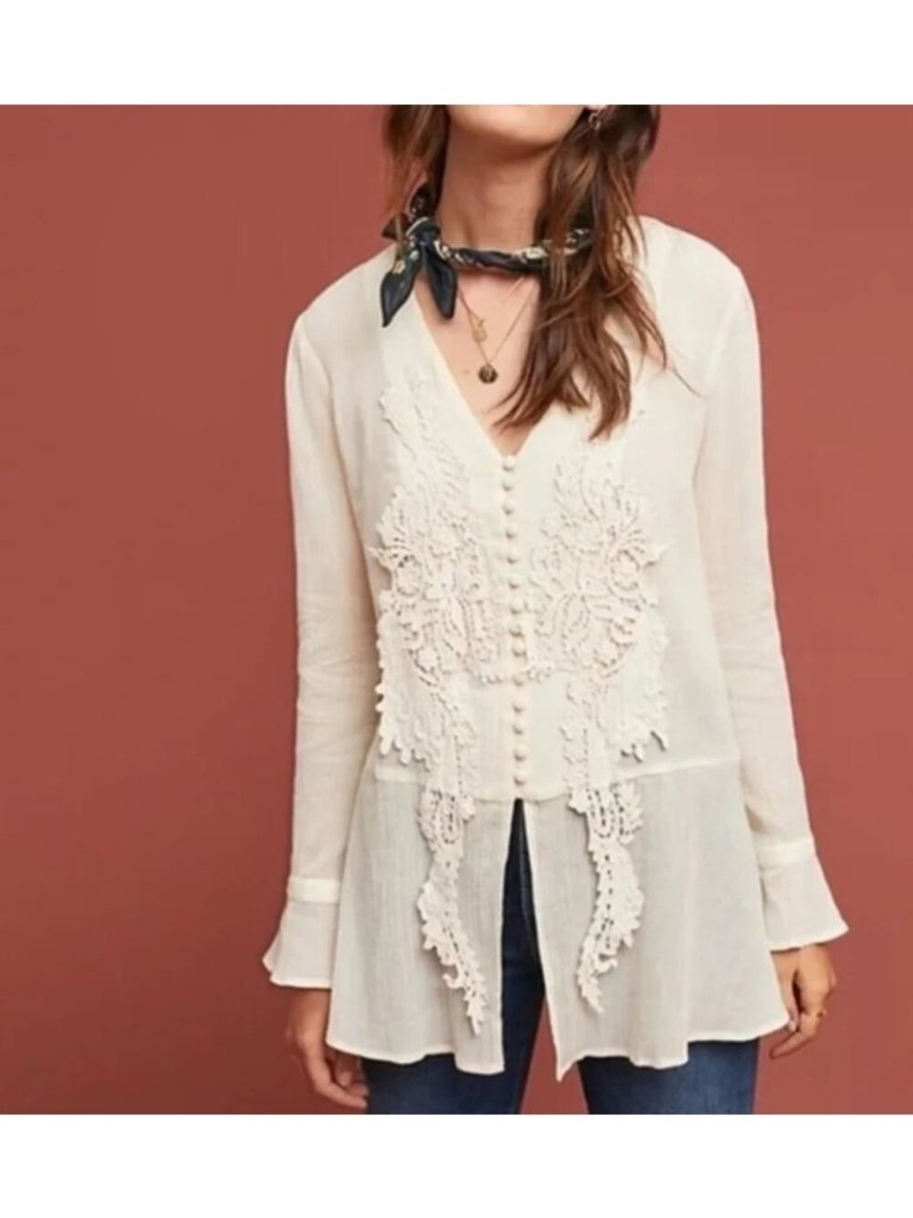Eri + Ali Anthropologie Small Beige Lace Button Blouse Cotton Cottagecore